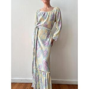 Vintage 1980s Mary McFadden Tropical Print Pleated Maxi Dress